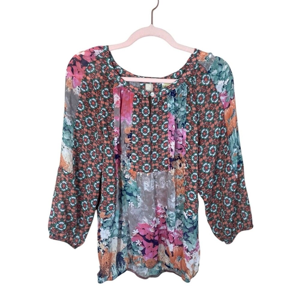 Women’s Anthropologie Fig & Flower‎ Floral Patchwork Pastel Spring Blouse Size M